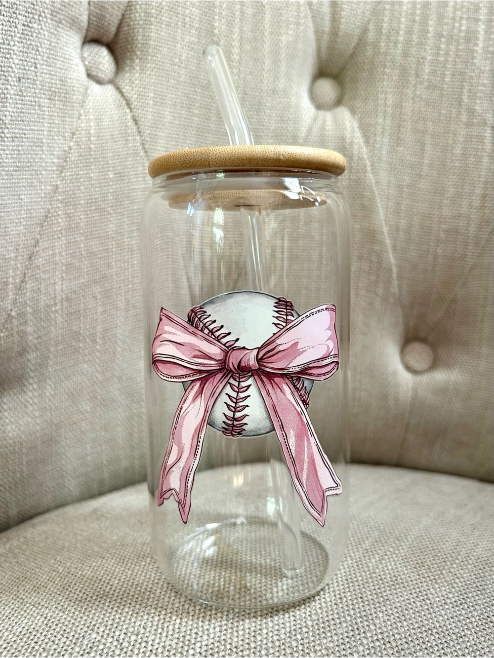 Baseball Pink Bow Glass Bamboo Lid Tumbler Sports Mom Birthday Gift